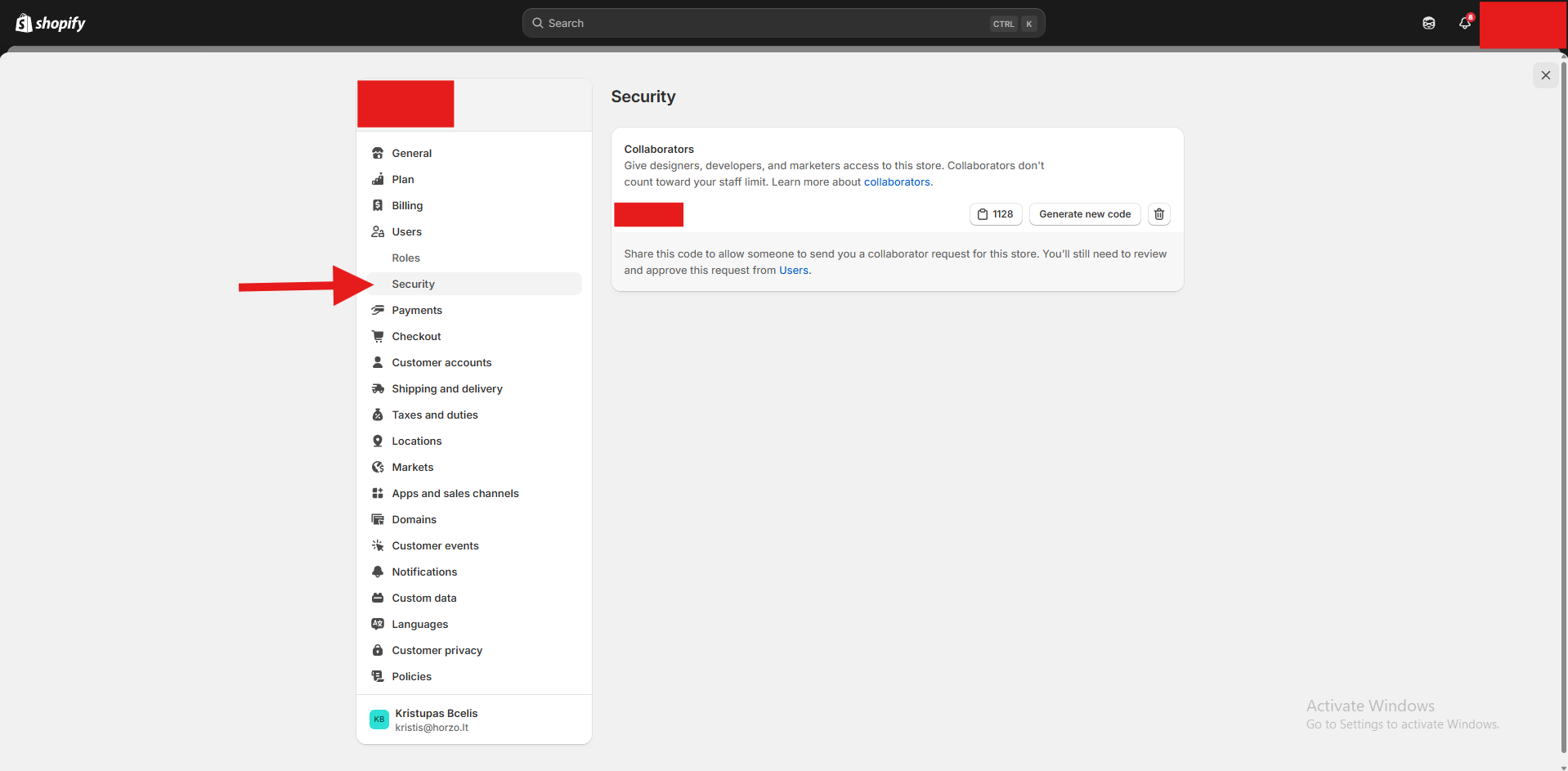 pasirinke security galėsite rasti koda skirta prijungti kolegoms