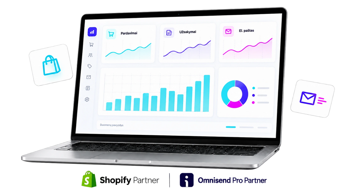 Nešiojamasis kompiuteris su el. prekybos analitika ir „Shopify Partner“ bei „Omnisend Pro Partner“ ženkleliais