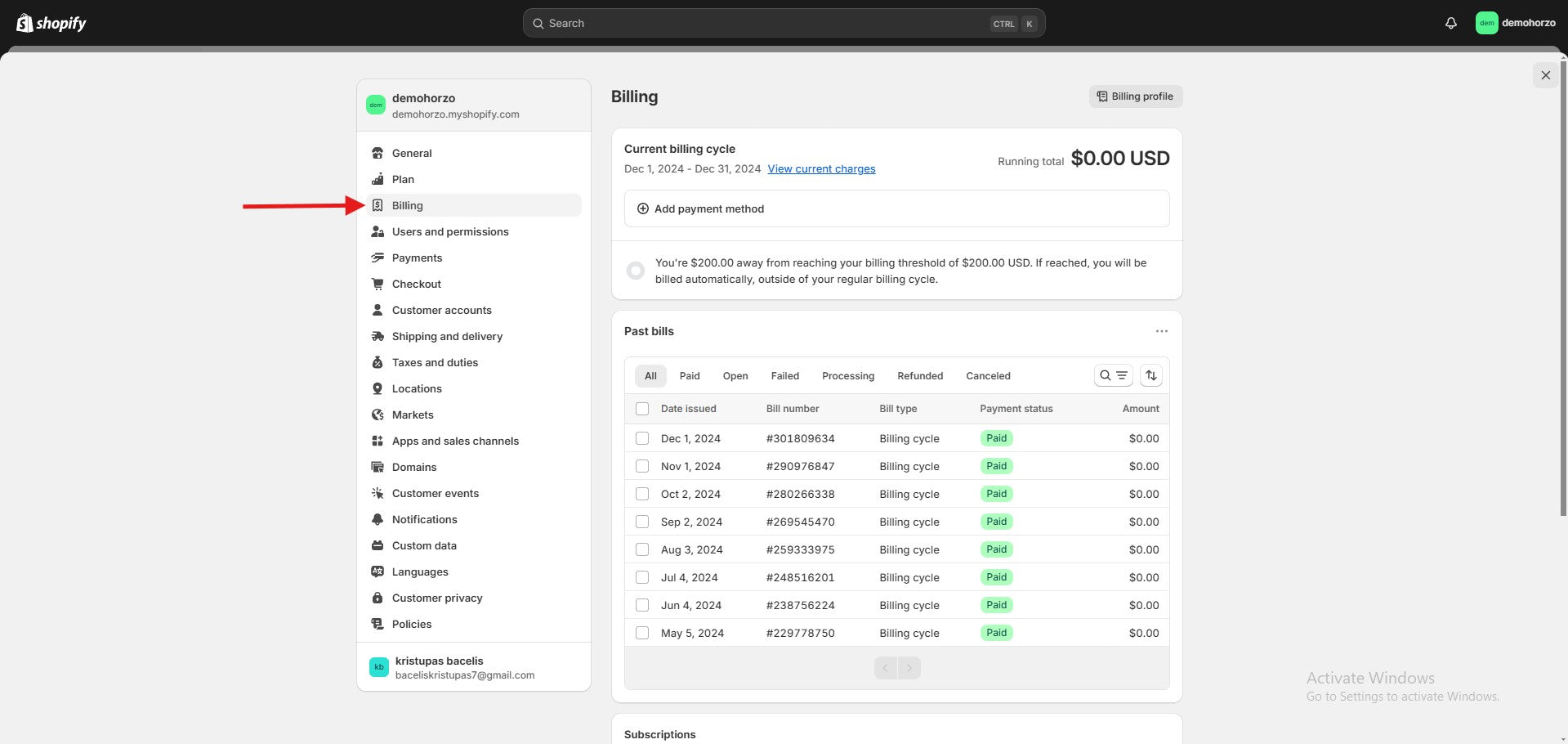 shopify elektroninės parduotuvės sąskaitos ir mokėjimo pridėjimas